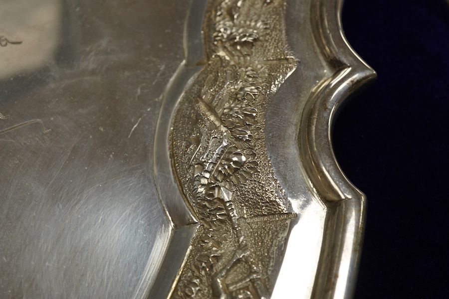 A mid 20th century Indian white metal (stamped sterling silver) presentation salver, engraved with numerous signatures, diameter 35.6cm, 36.8oz, with box.